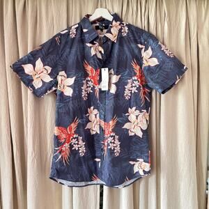 NWT Navy Tropical Parrot Floral Slim Fit Button Down Shirt Men's L Cruise Resort